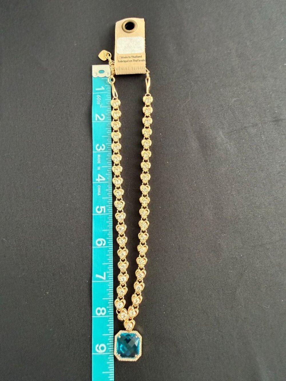 Anthropologie Nakamol Crystal Heart Link Necklace – Square Aqua Pendant, Gold-To